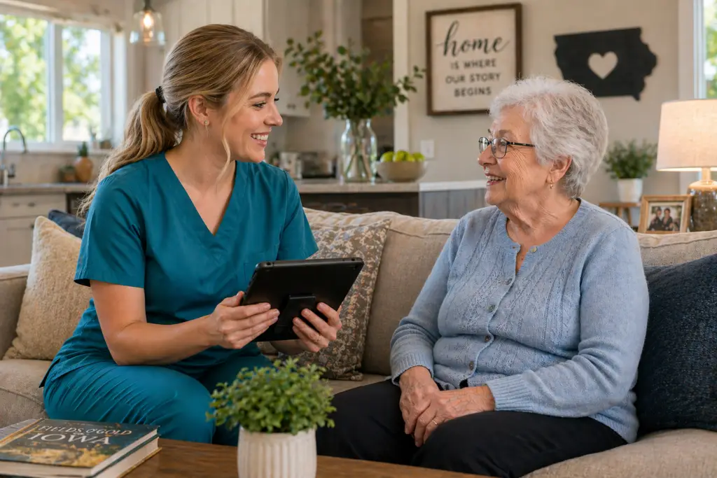 Caregiver meeting with a happy client in her home.