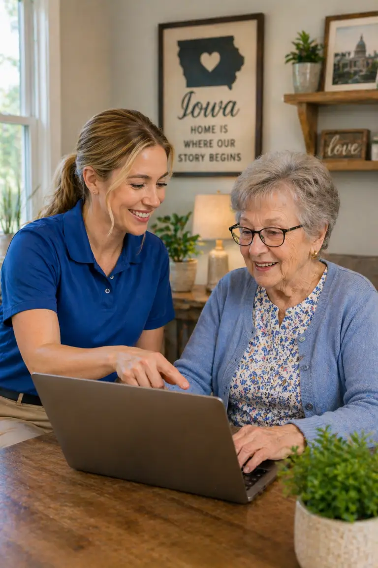 Caregiver engaging with a client on a computer performing memory care support activities.