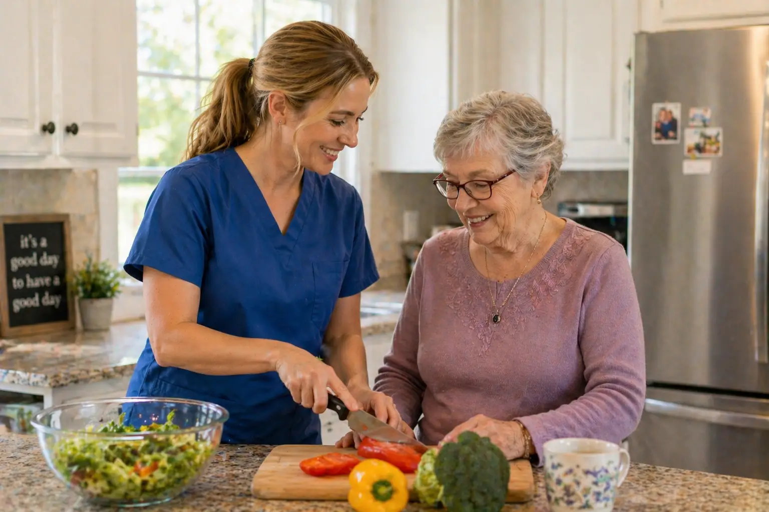 Image of a retiree with in-home support from a caregiver