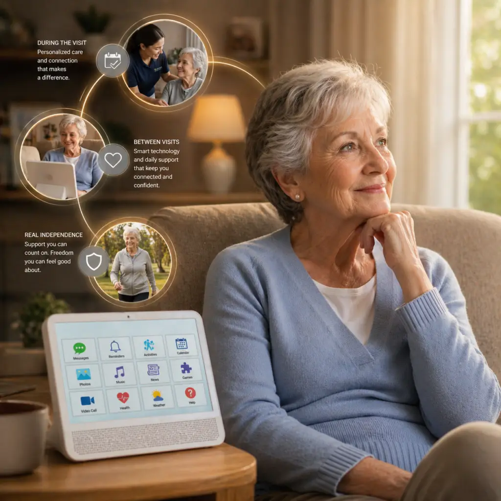 Happy Retiree thinking about their Connected Care Support service from My Perfect Home Care Services