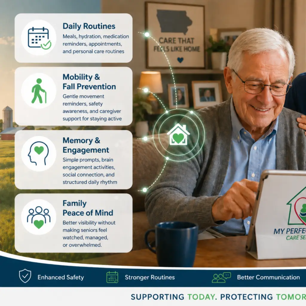 Retiree using My Perfect Home Care Services Connected Care Support device