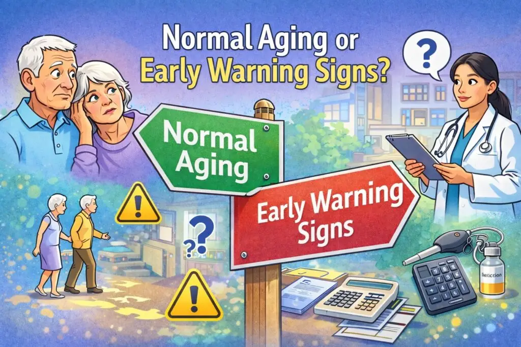 Editorial infographic showing Seniors questioning if what they are experiencing is Normal Aging, or Early Warning signs of problems. Content created by My Perfect Home Care Services.