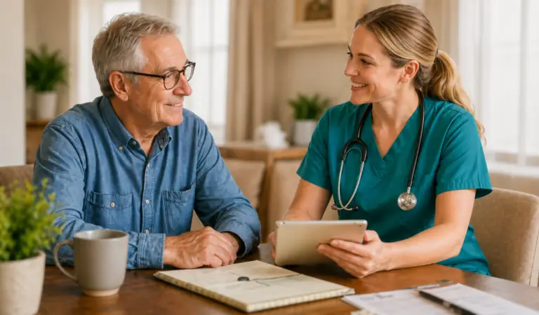 Image of a Nurse having a conversation with a client in their home.