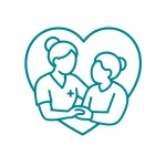 "In-home care icon showing a compassionate caregiver supporting an older adult, representing personalized companion care, personal care, nurse-guided support, and relationship-centered home care that helps seniors age safely and independently at home.