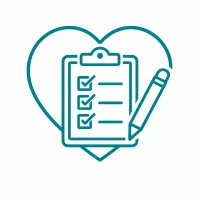 Personalized care plan icon featuring a checklist and heart, representing individualized home care plans, nurse-led assessments, companion care, personal care, and proactive support that helps older adults age safely in place.